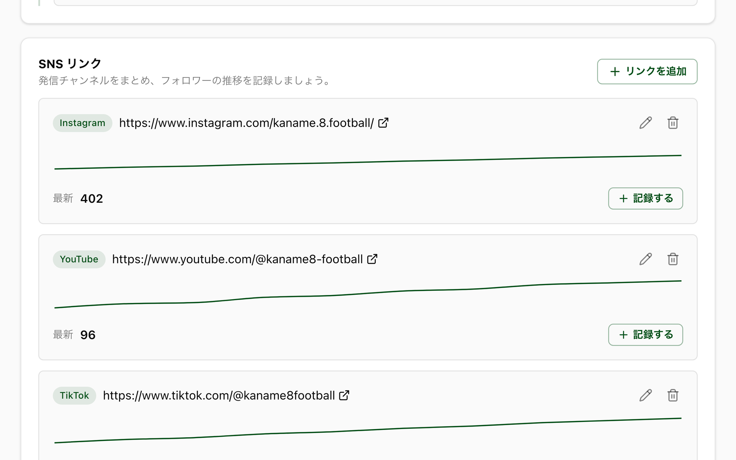 NEWDIH APP の SNS リンクの画面。Instagram・YouTube・TikTok のリンクが縦に並び、それぞれに URL と、直近30日のフォロワー数の推移を描いた細い折れ線、その下に「最新 402」のような数と「記録する」ボタンがある。