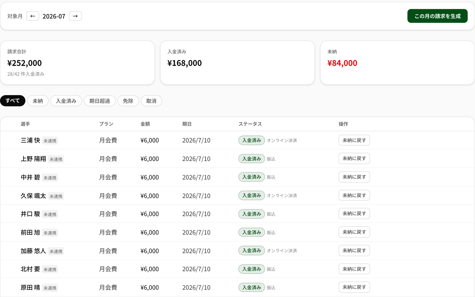NEWDIH APPの会費・月謝実画面（請求台帳と納入状況）