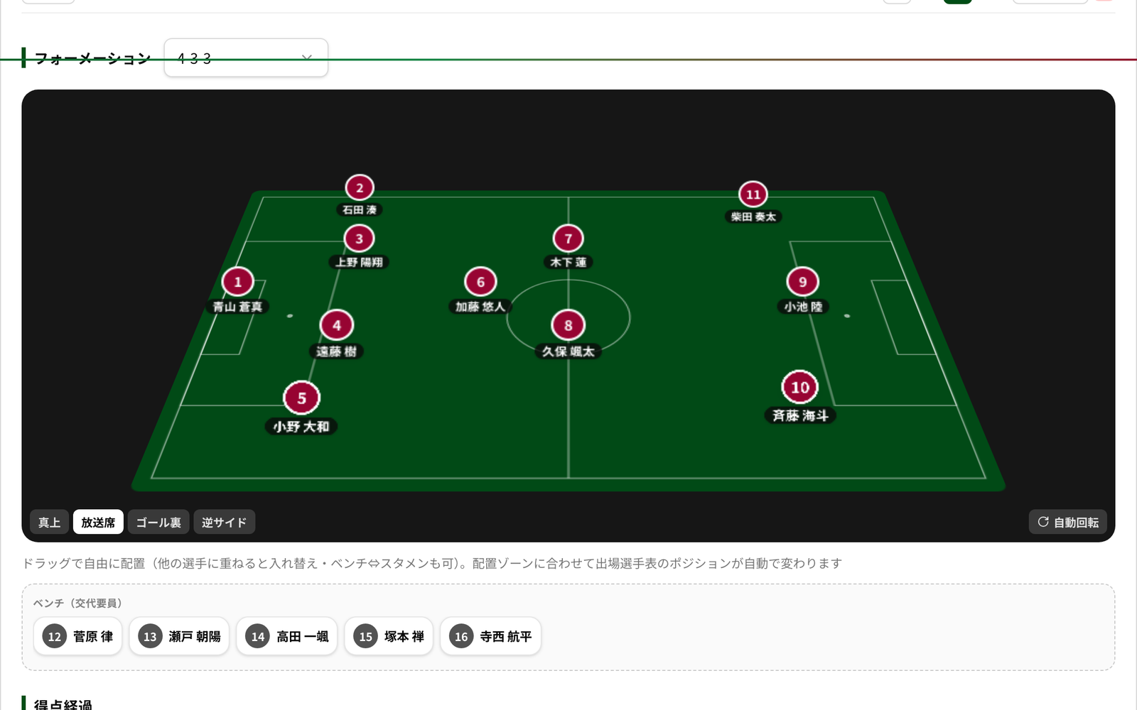 NEWDIH APPの試合管理実画面（フォーメーションを放送席アングルの立体で表示）