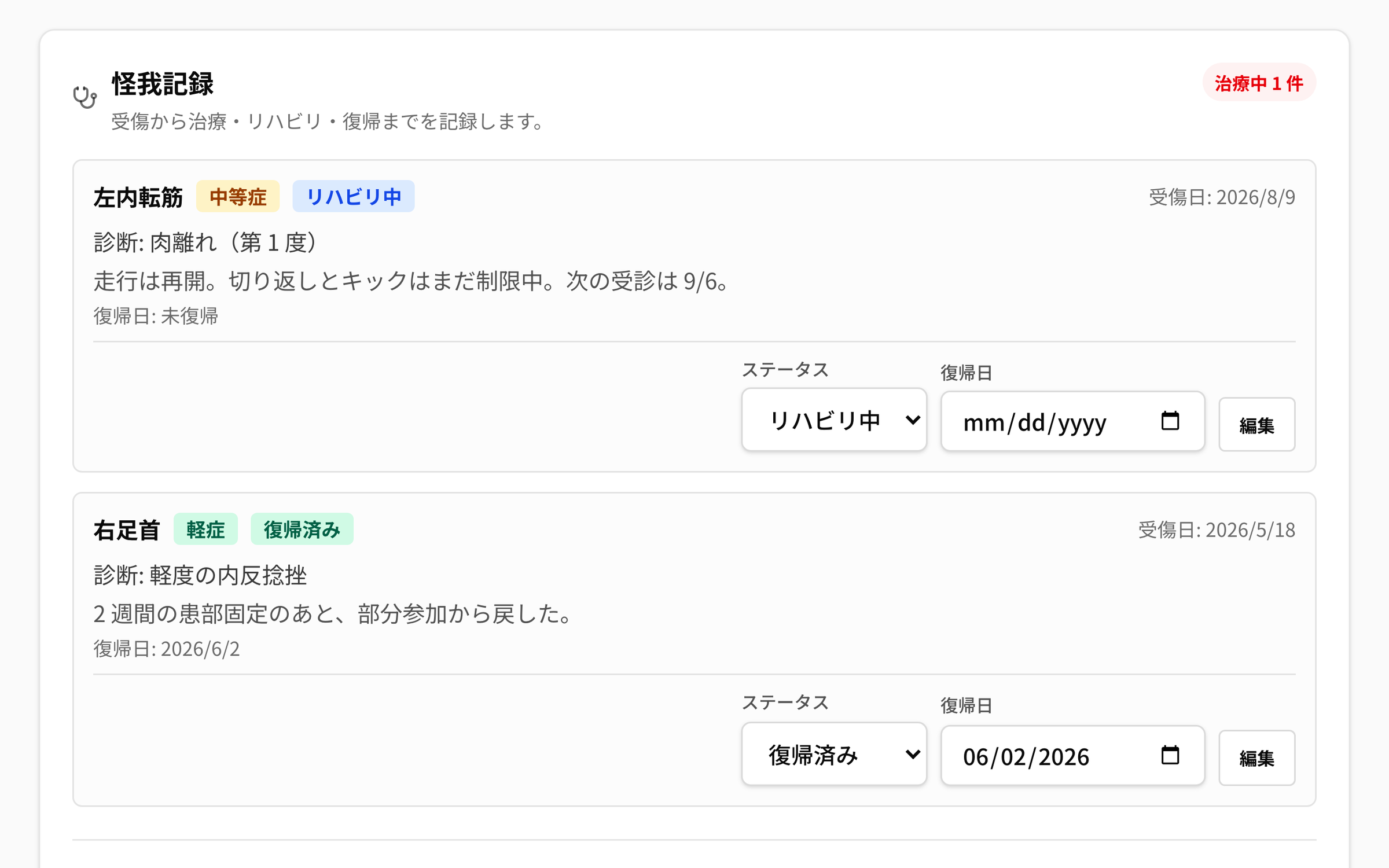NEWDIH APP の選手カルテの「怪我記録」。見出しの右に赤い「治療中 1 件」が出ている。1 件目は左内転筋・中等症・リハビリ中で、診断「肉離れ（第 1 度）」と所見、復帰日は未復帰。2 件目は右足首・軽症・復帰済みで、復帰日 2026/6/2 が入っている。