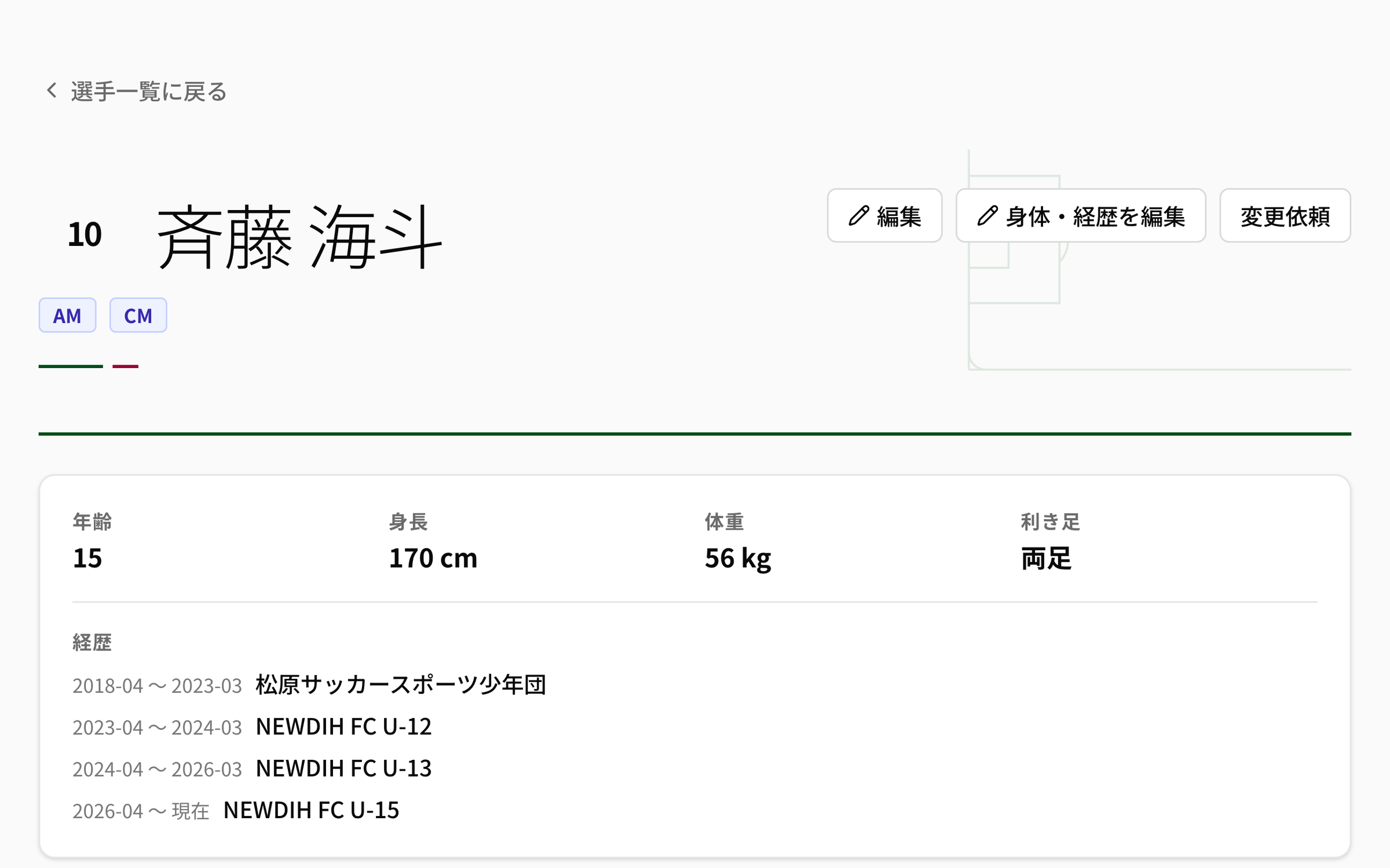 NEWDIH APPの選手カルテの実画面（背番号・氏名・ポジションと、年齢/身長/体重/利き足、前所属クラブの経歴）
