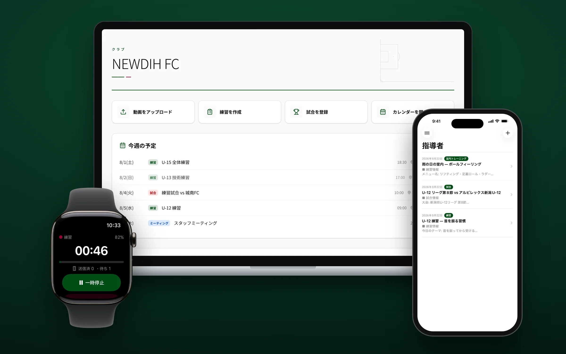 NEWDIH APPの実画面（MacBookでクラブのダッシュボード、iPhoneで指導者のノート、Apple Watchで練習の記録）
