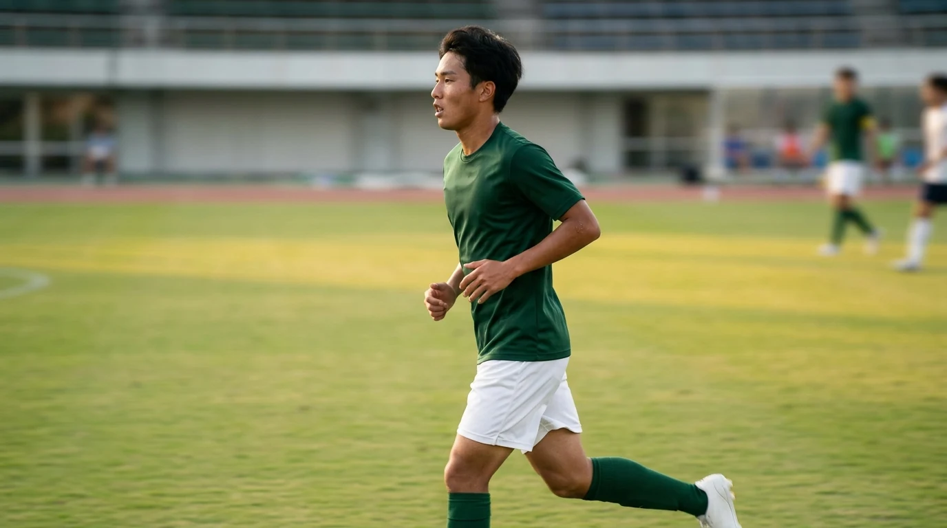 試合中、走りながら息を整える選手の横顔