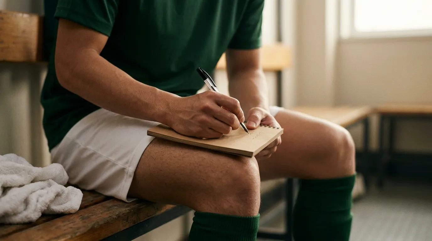 試合後のロッカーで、ノートに書き込んでいる選手の手元
