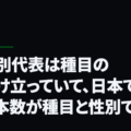 年代別代表は種目の数だけ立っていて、日本ではその本数が種目と性別で違う